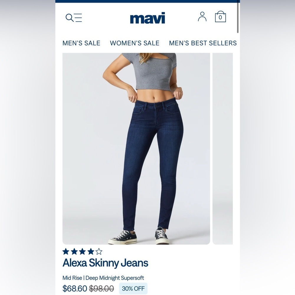 Mavi Alexa Mid-Rise Skinny dark denim, sz 28/30, size 6, stretchy jeans